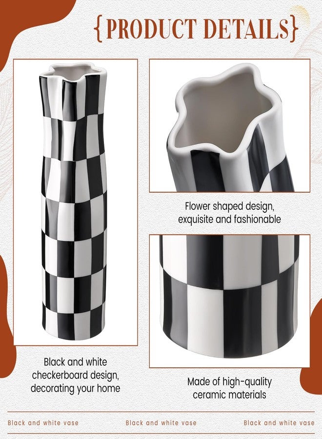 Ninehaoou Black and White Checkered Vase Large 11.25 Inch Height Modern Checkered Decor Ceramic Black and White Flower Shaped Decorative Vase for Office, Bedroom, Home Decor - Image 2